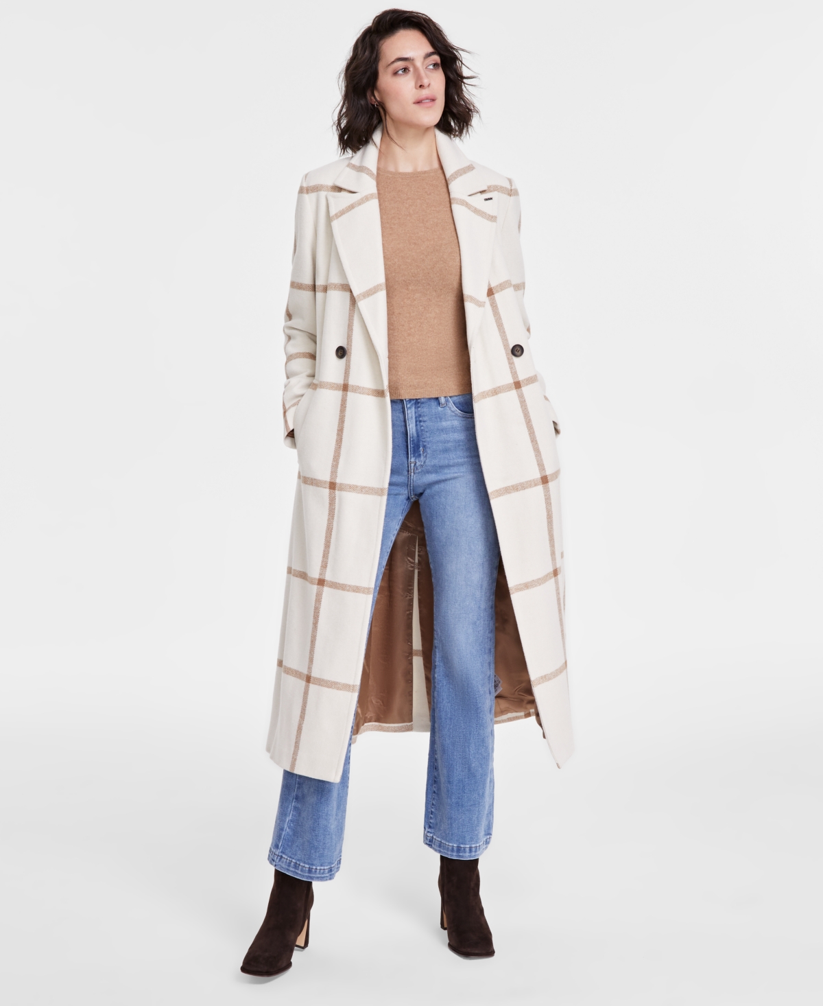 Dkny Petite Notched-Collar Double-Breasted Wrap Coat - Cream Plaid