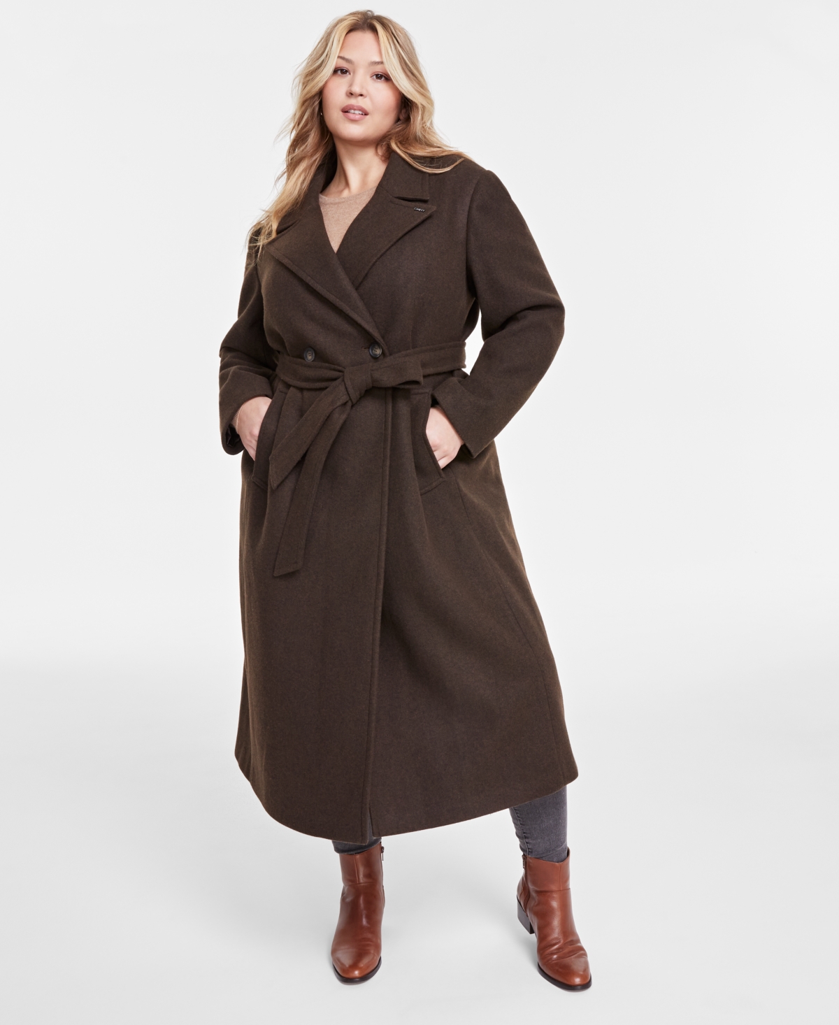 Dkny Plus Size Notched-Collar Double-Breasted Wrap Coat - Chocolate Melange