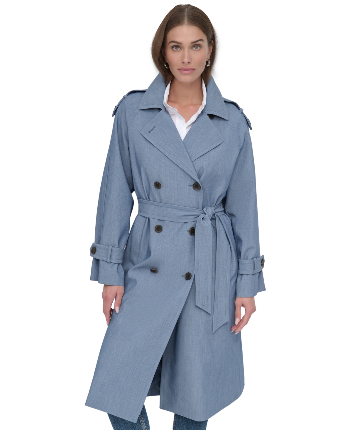 Dkny Women's Belted Double-Breasted Trench Coat - Denim