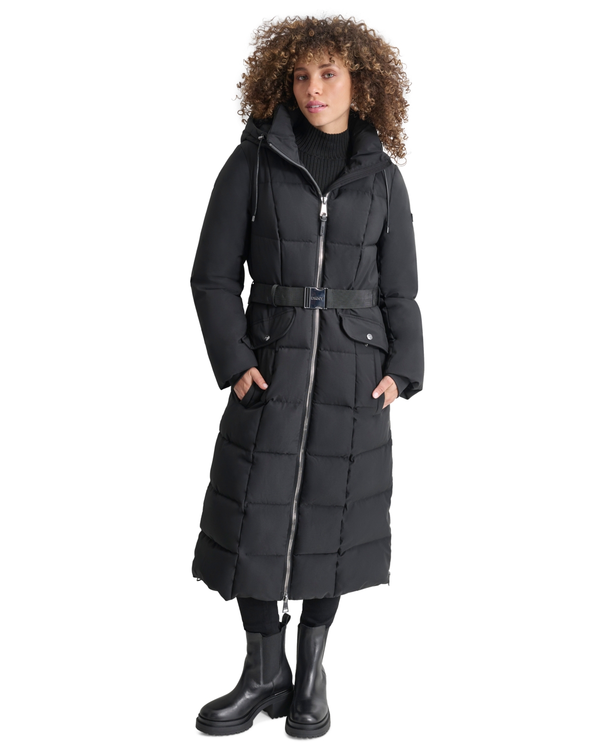 Dkny Womens Maxi Belted Hooded Puffer Coat - Black