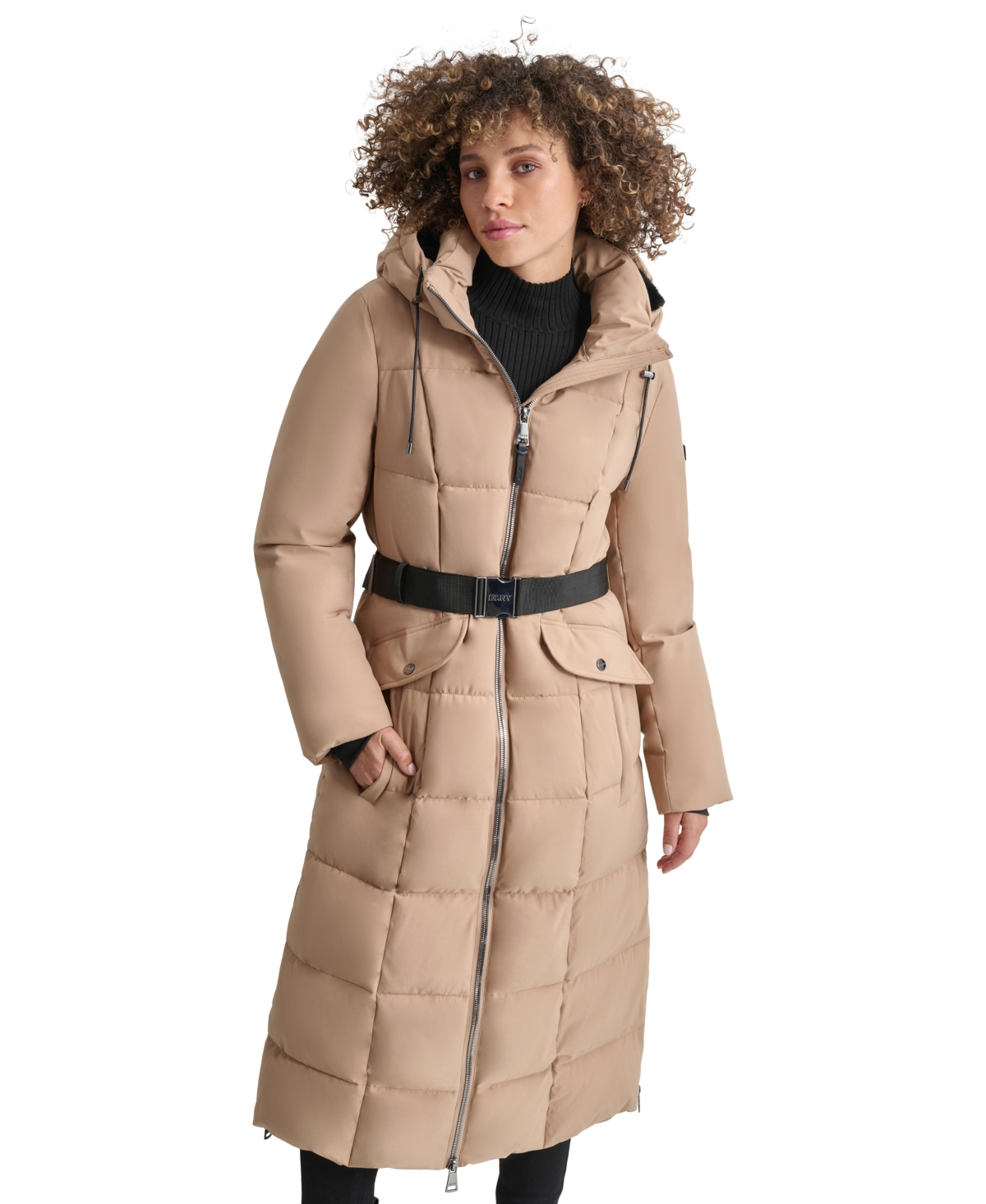 Dkny Womens Maxi Belted Hooded Puffer Coat - Camel