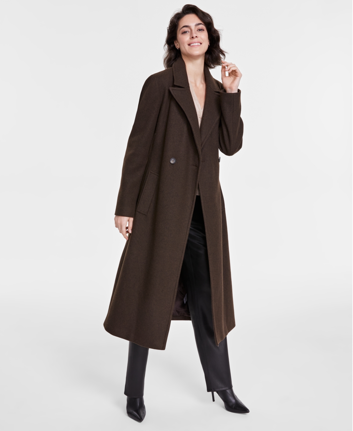 Dkny Women's Notched-Collar Double-Breasted Wrap Coat - Chocolate Melange