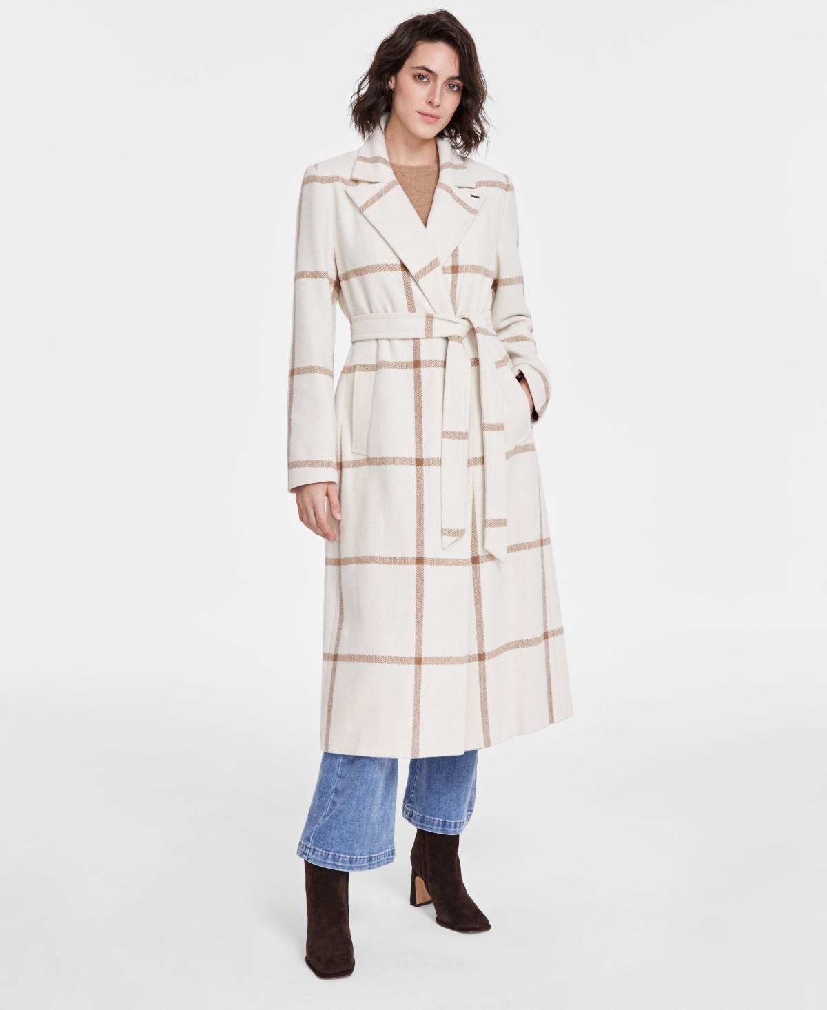 Dkny Women's Notched-Collar Double-Breasted Wrap Coat - Cream Plaid