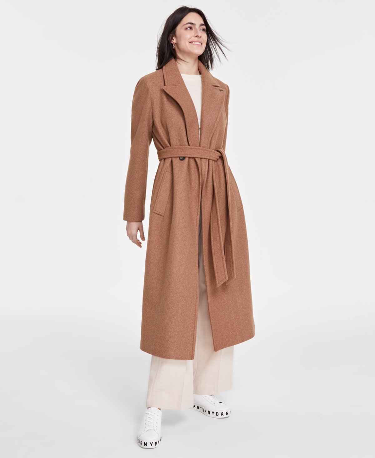 Dkny Women's Notched-Collar Double-Breasted Wrap Coat - Dark Camel