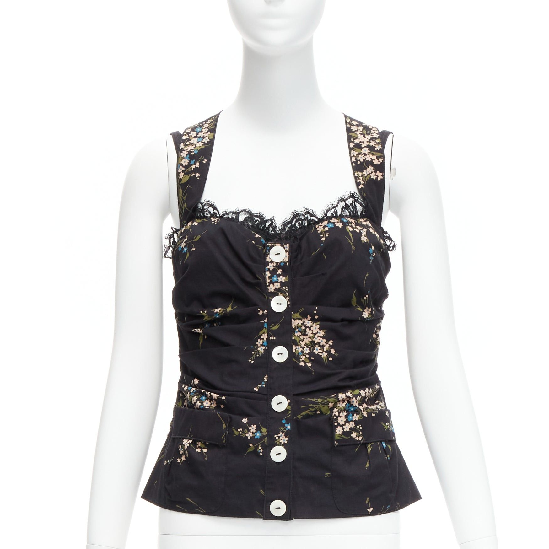 Dolce Gabbana Black Floral Print Cross Back Lace Trim Corset Top It42 M, Women's (Size Medium)