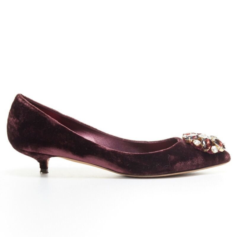 Dolce Gabbana Embellished Purple Velvet Crystal Toe Kitten Heel Shoes Pumps Eu36.5, Women's