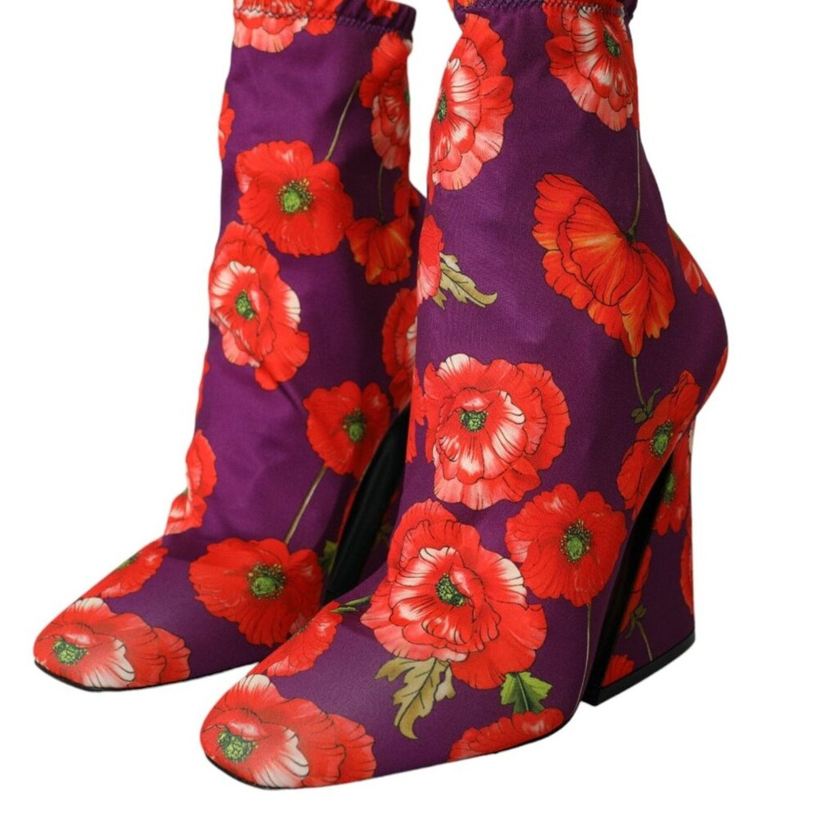 Dolce Gabbana Floral Jersey Stretch Heeled Boots Shoes in Purple, Women's (Size 9)