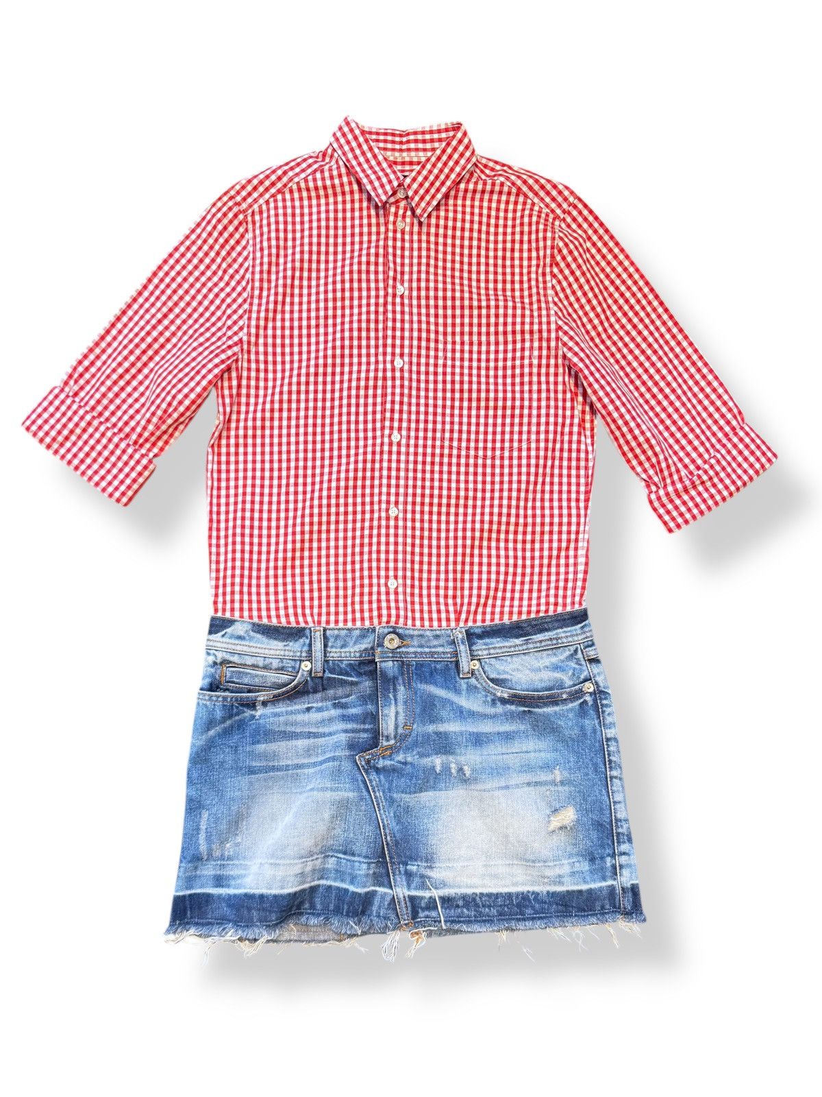 Dolce Gabbana x Vintage Dolce & Gabbana Checked Shirt And Denim Skirt Combo Dress in Red, Women's (Size Medium)