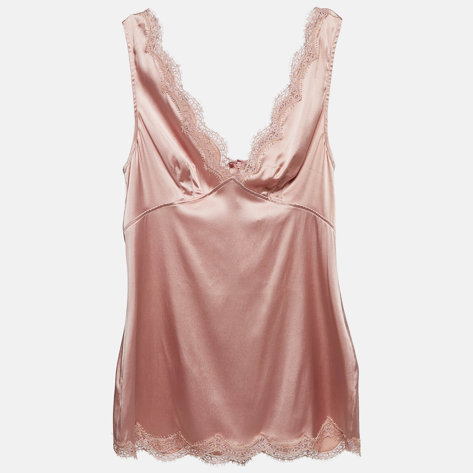 Dolce & Gabbana Pink Lace Trim Stretch Satin Camisole Top M