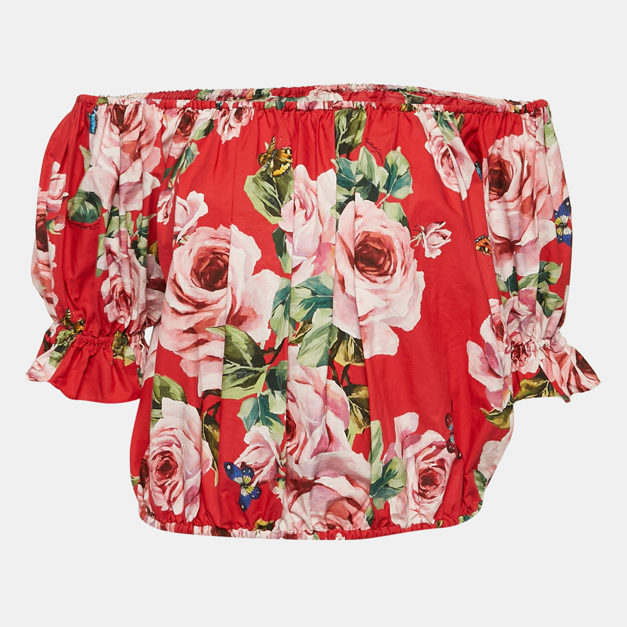 Dolce & Gabbana Red Floral Print Poplin Off-Shoulder Crop Top M