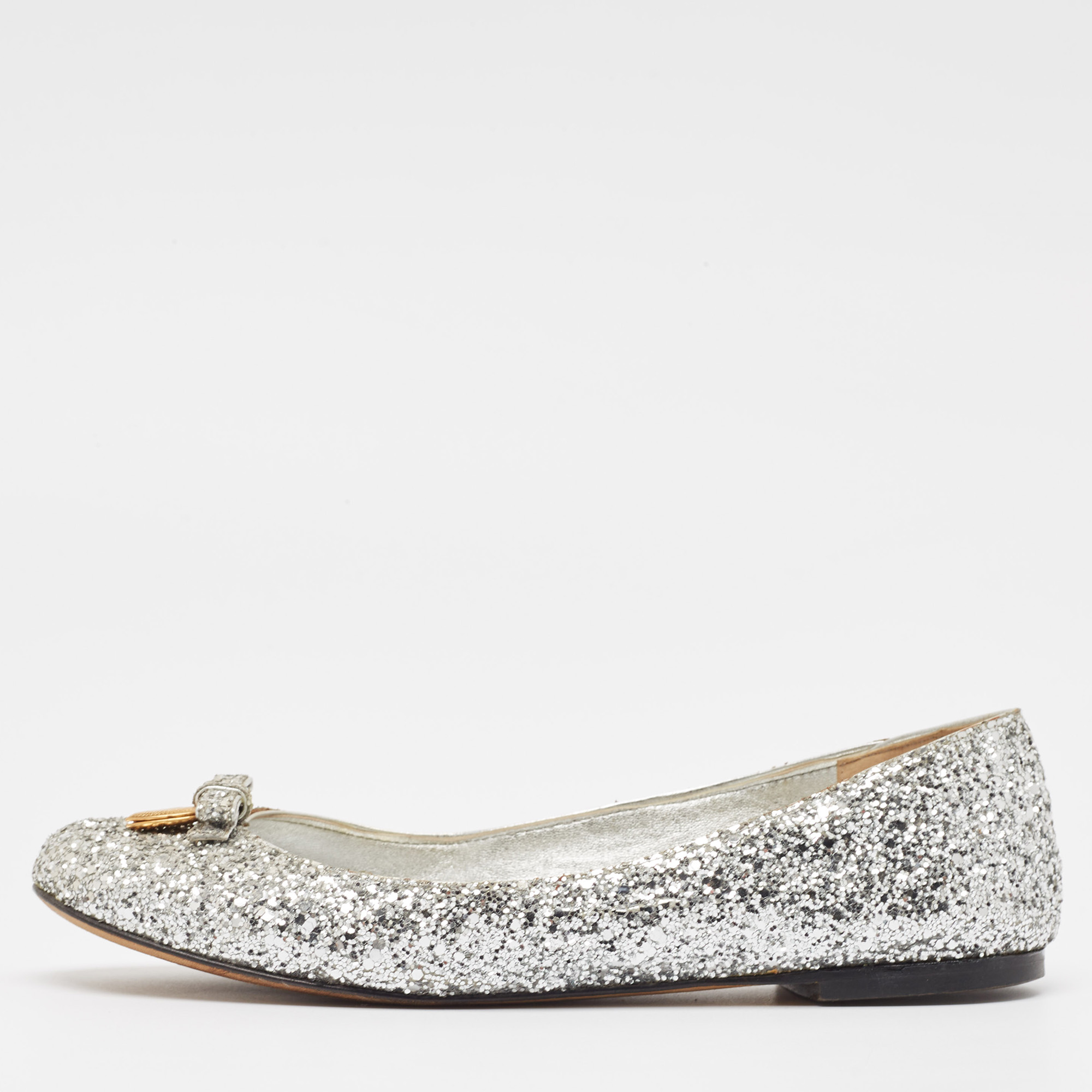 Dolce & Gabbana Silver Glitter Bow Ballet Flats Size 37.5