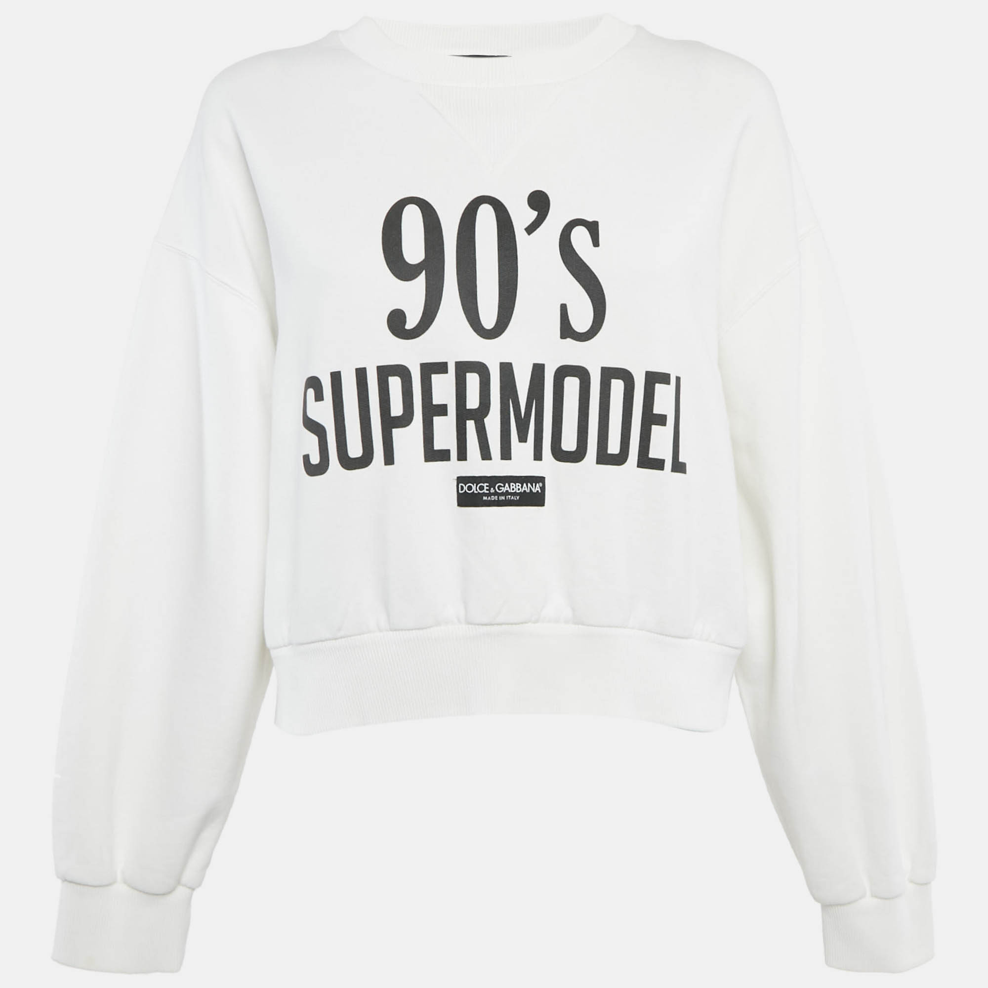 Dolce & Gabbana White Printed Cotton Crop Sweatshirt XS