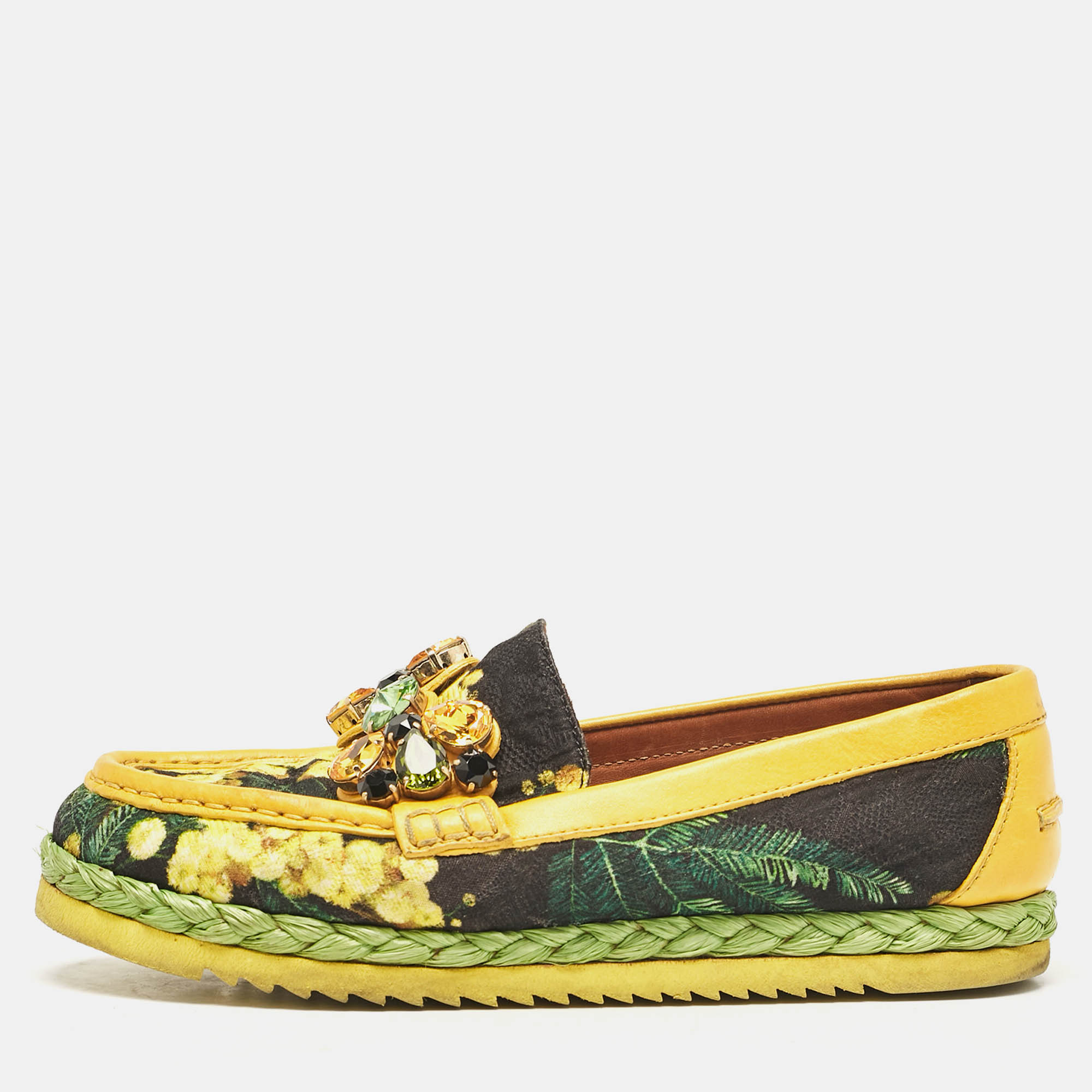 Dolce & Gabbana Yellow/Black Floral Print Fabric and Leather Crystal Embellished Loafers Size 37.5