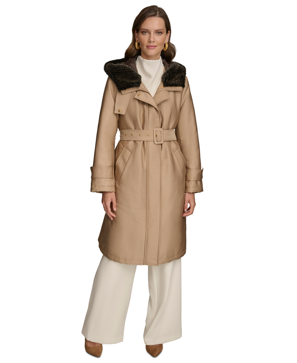 Donna Karan New York Women's Faux-Fur-Trim Hooded Raincoat - Khaki