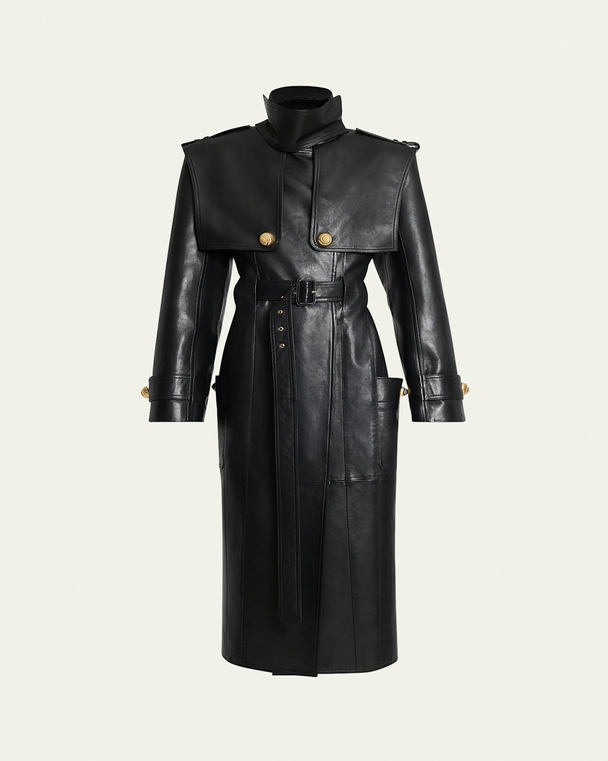 Double-Breasted Belted Leather Trench Coat