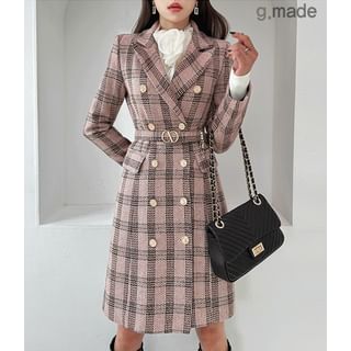 Double-Breasted Belted Plaid Coat