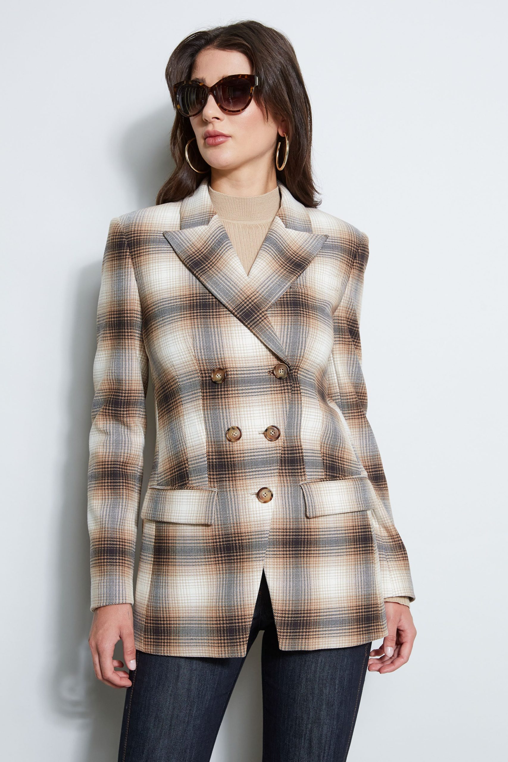 Double Breasted Ombre Plaid Blazer