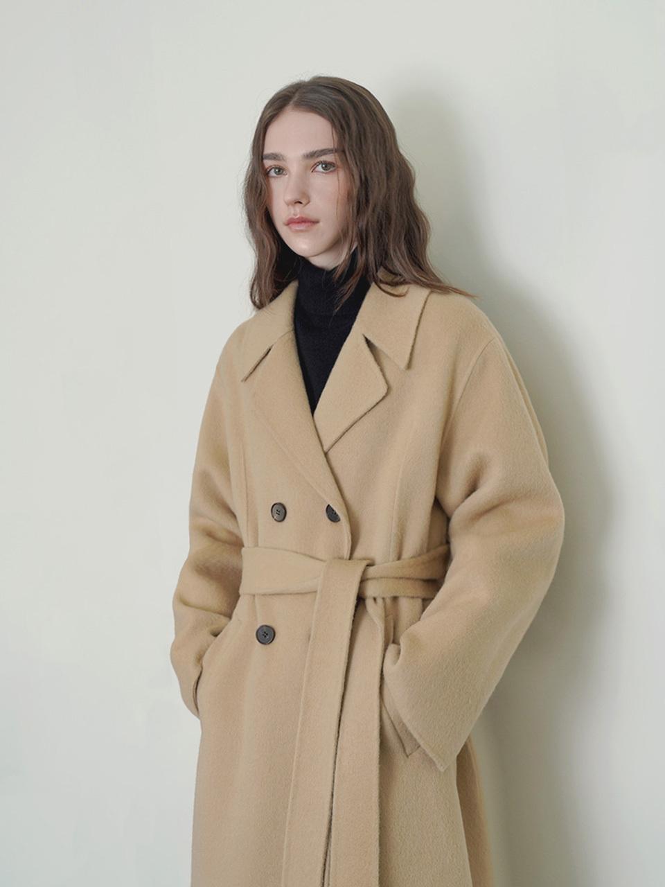 Double Collar Merino Wool Long Coat [Camel]