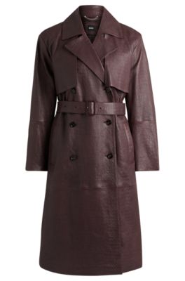 Double-breasted trench coat in crocodile-patterned leather- Light Red Women's Leather Jackets size 4