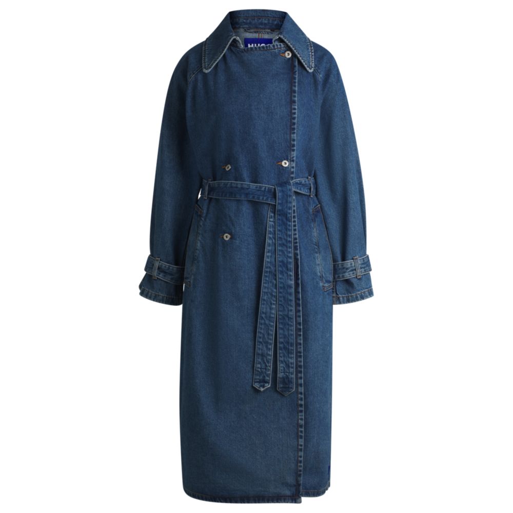 Double-breasted trench coat in dark-blue denim