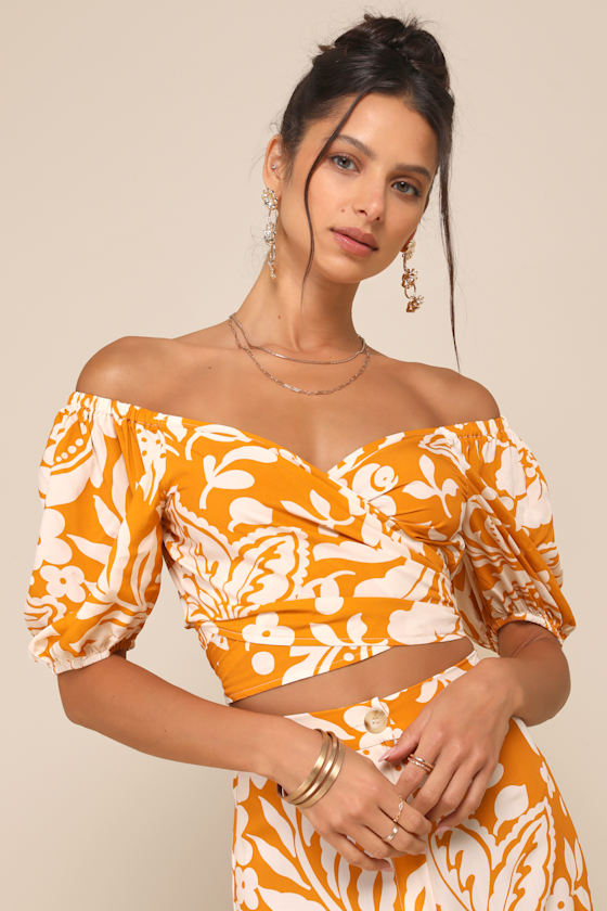 Double the Charm Orange Floral Off-the-Shoulder Wrap Crop Top