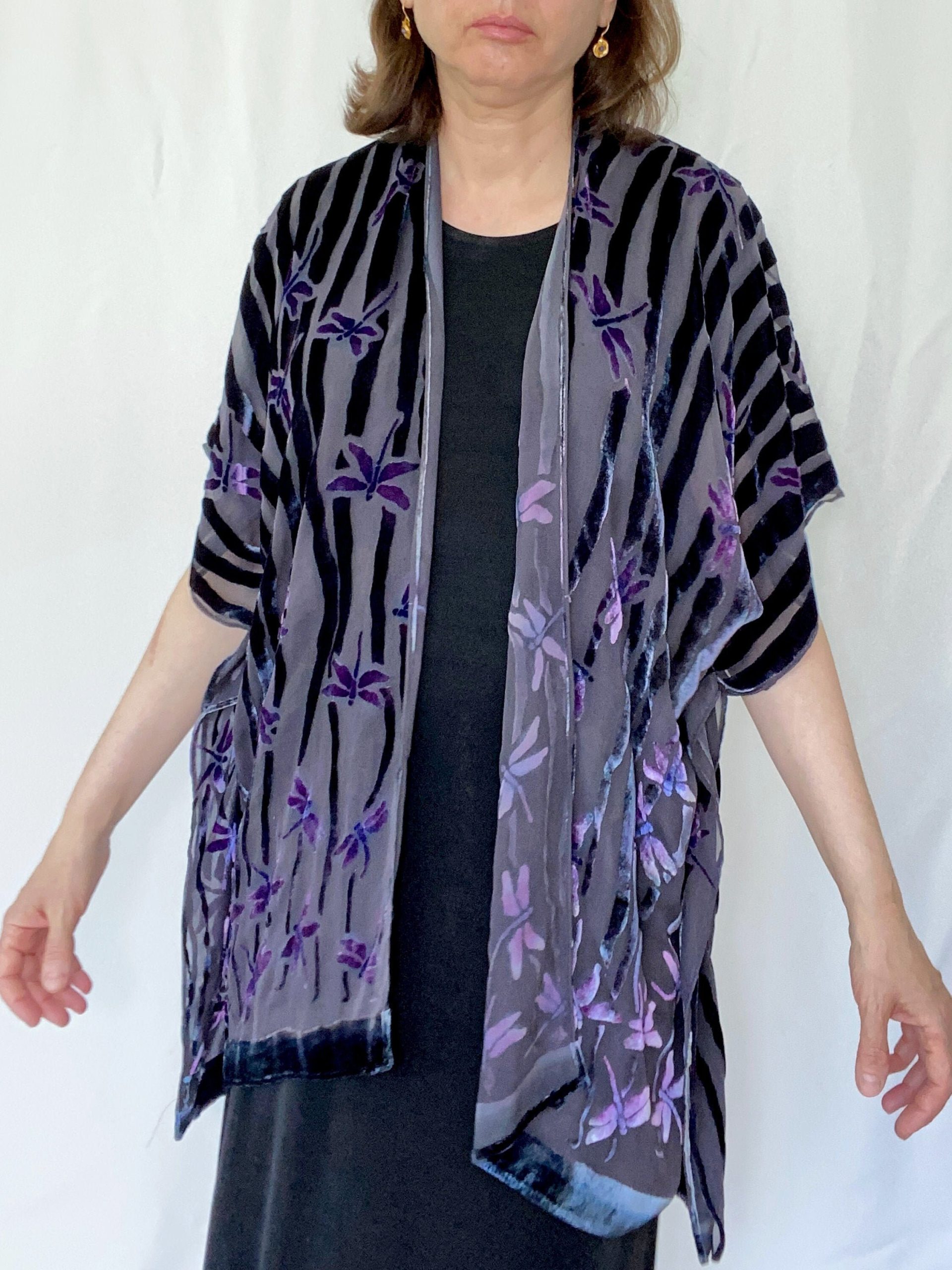 Dragonfly Burnout Velvet Kimono Jacket, Hand Painted, Dyed. A Sheer Black Wrap That Is One Size. Washable