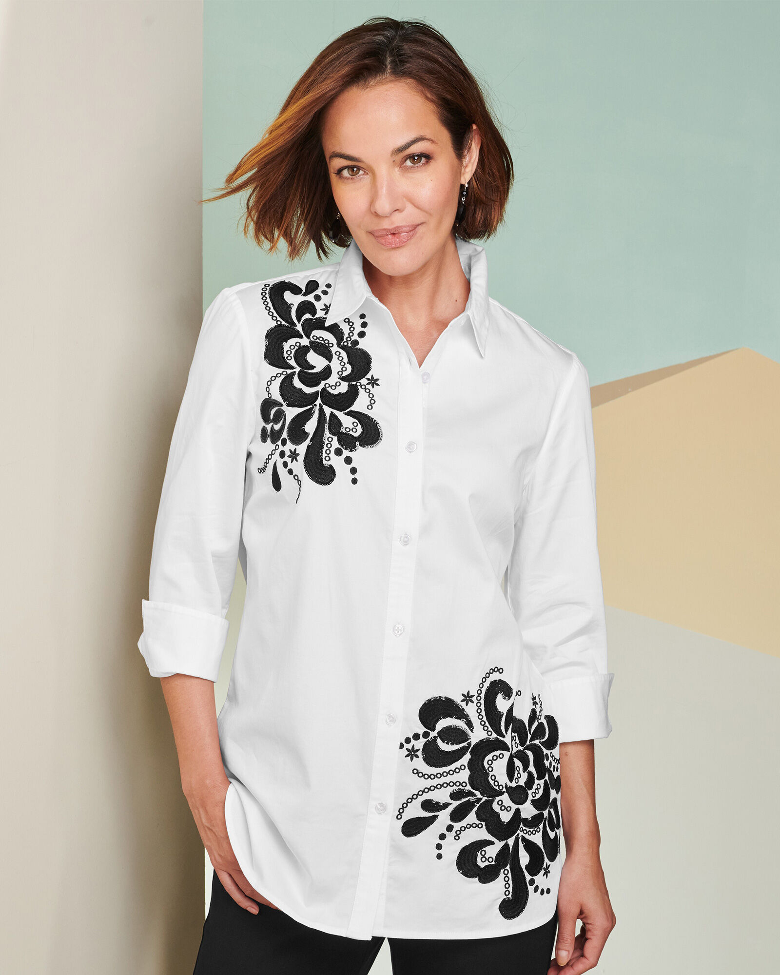 Draper's & Damon's Women's Floral Embroidered Shirt - White - PL - Petite