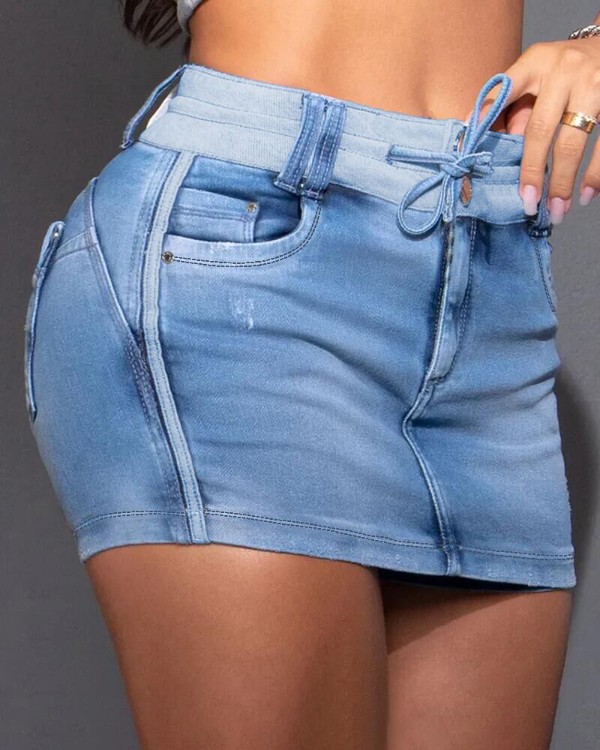 Drawstring Adjustable Waist Casual Denim Skirt Skort Jean Mini Skirt