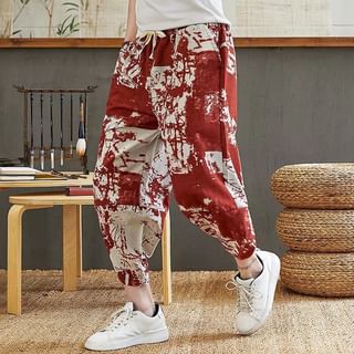 Drawstring Waist Patterned Print Cropped Baggy Pants