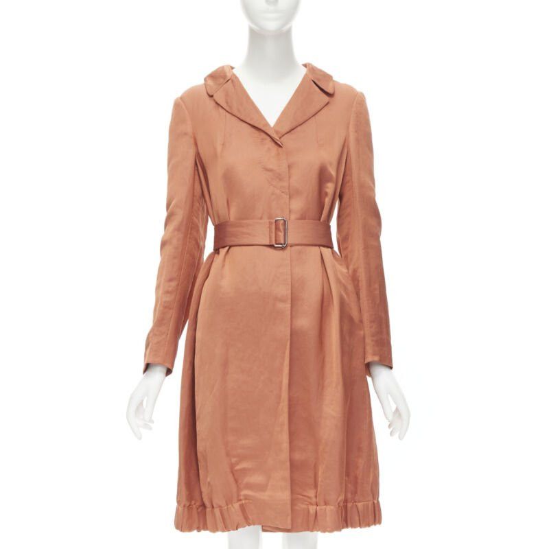 Dries Van Noten Orange Ramie Rayon Elasticated Ruched Hem Belted Trench Coat S, Women's (Size Small)