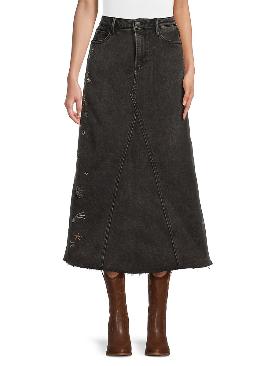 Driftwood Women's Joanna Embroidered Denim Midi Skirt - Black - Size 24 (0)