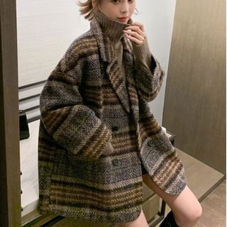 Drop-Shoulder Plaid Double-Breasted Coat