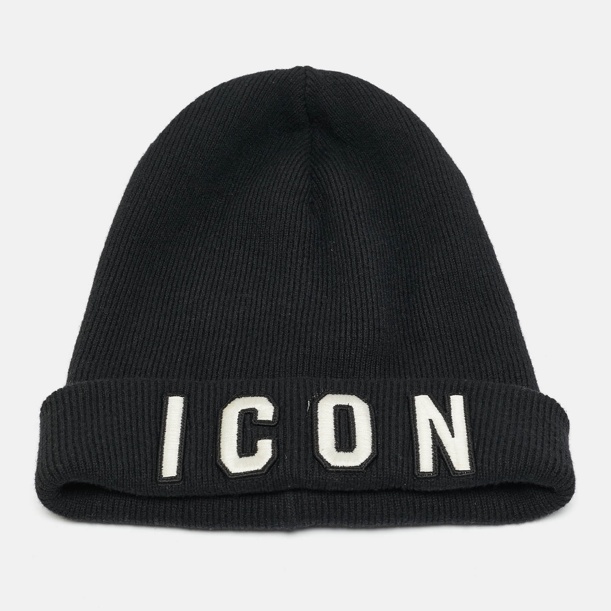 Dsquared2 Black Icon Embroidered Wool Rib Knit Beanie