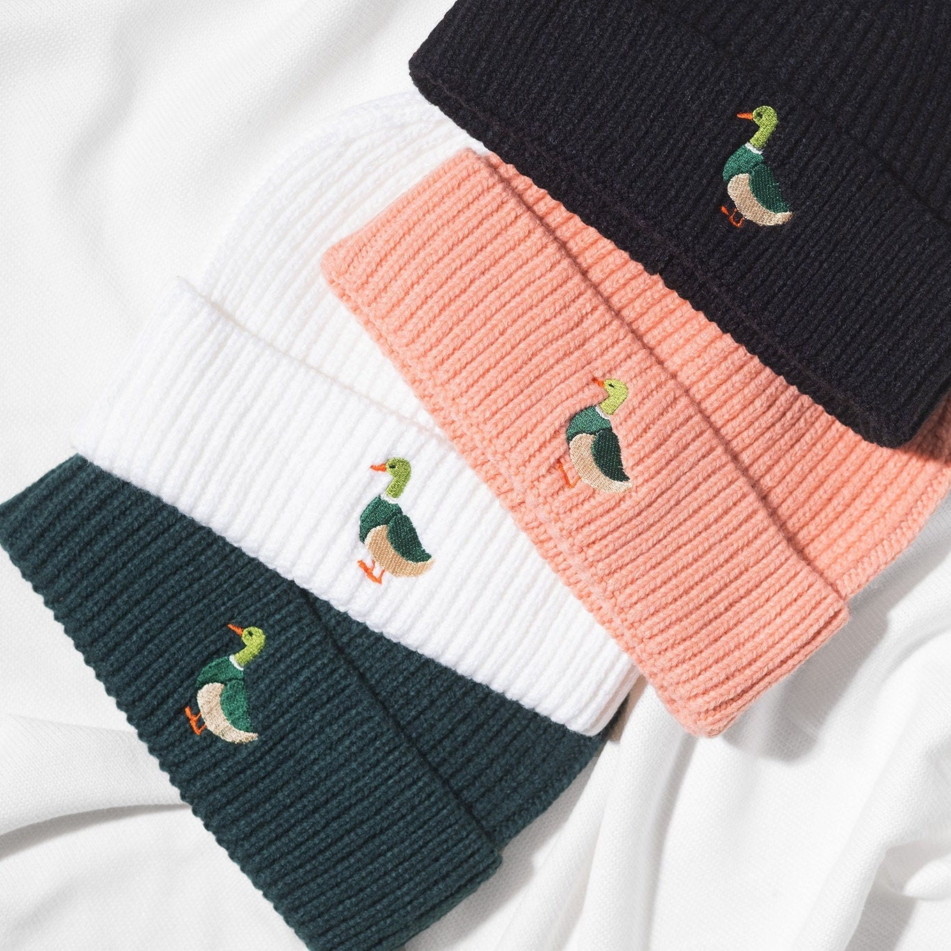 Duck Embroidered Beanie - Unisex Heavy Knit Winter Waffle Hat With Mallard Design 8 Colours Harbour Style For Him & Her