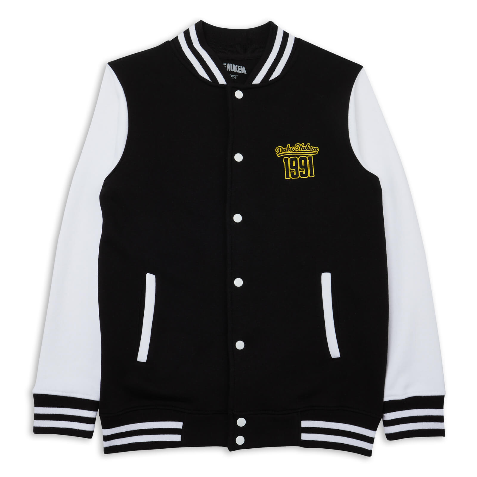 Duke Nukem Kicking Ass Since 1991 Embroidered Varsity Jacket - Black/White - S - Black/White