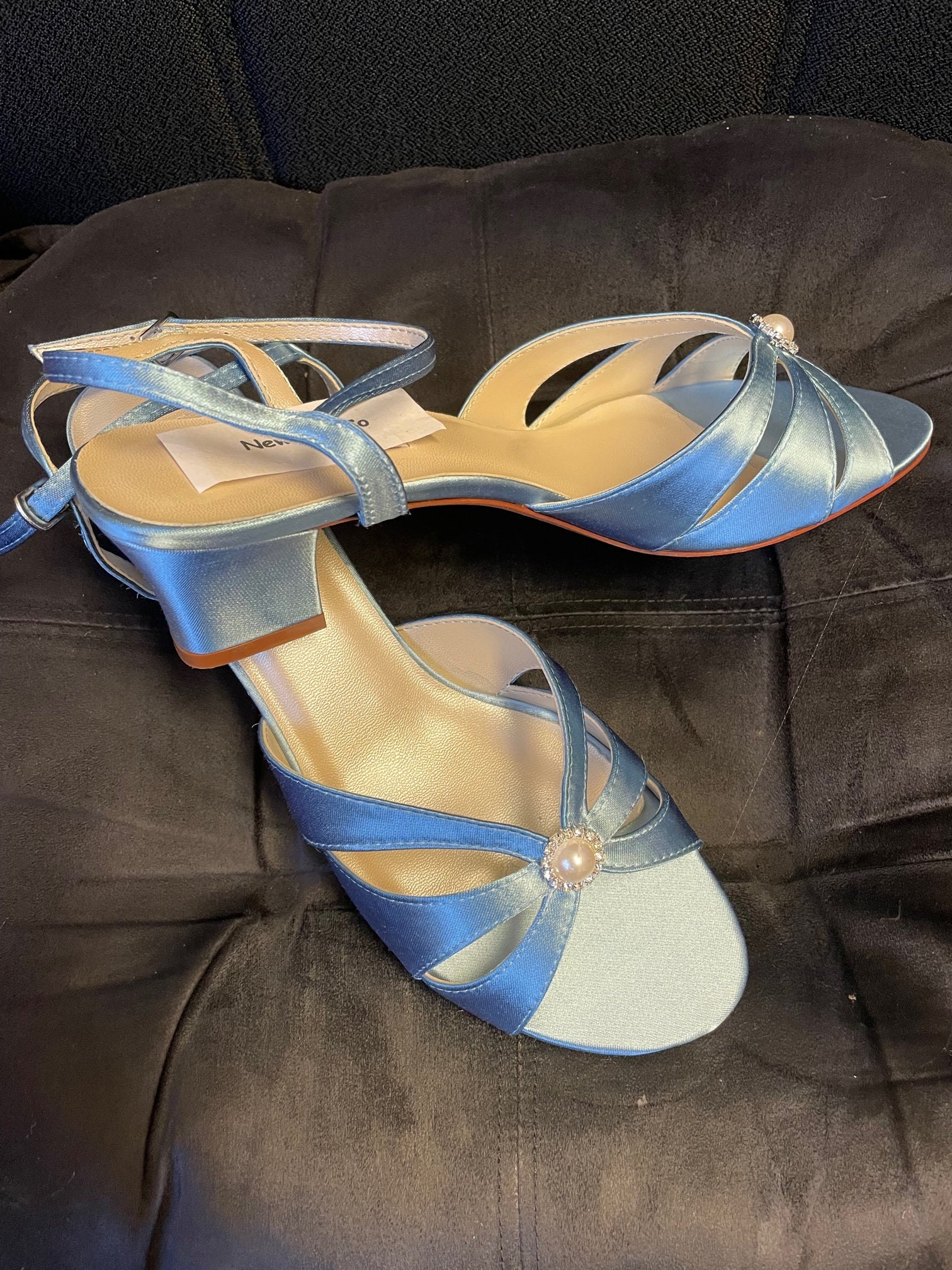 Dusty Blue Low Heel Shoes M & W Width Block Heel, Royal Blue Short Thick Heel Satin Open Toe Sandals Crystals Pearls, Wide Width