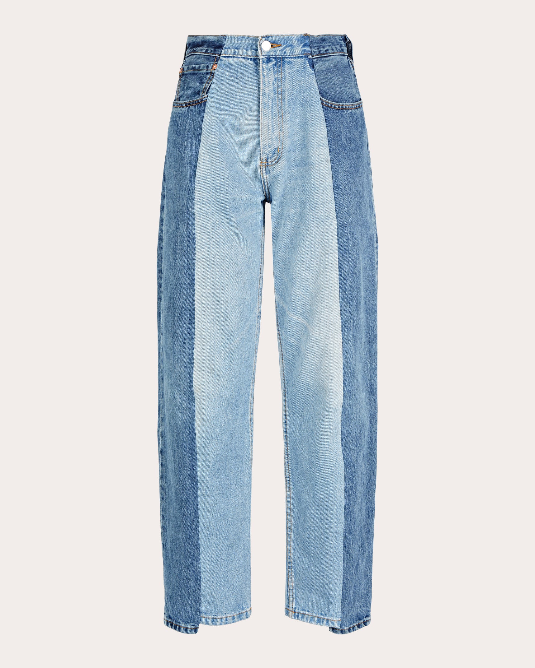 E. L.V. Denim Women's Boyfriend High-Rise Two-Tone Jeans in Mid/light Blue Cotton/Denim