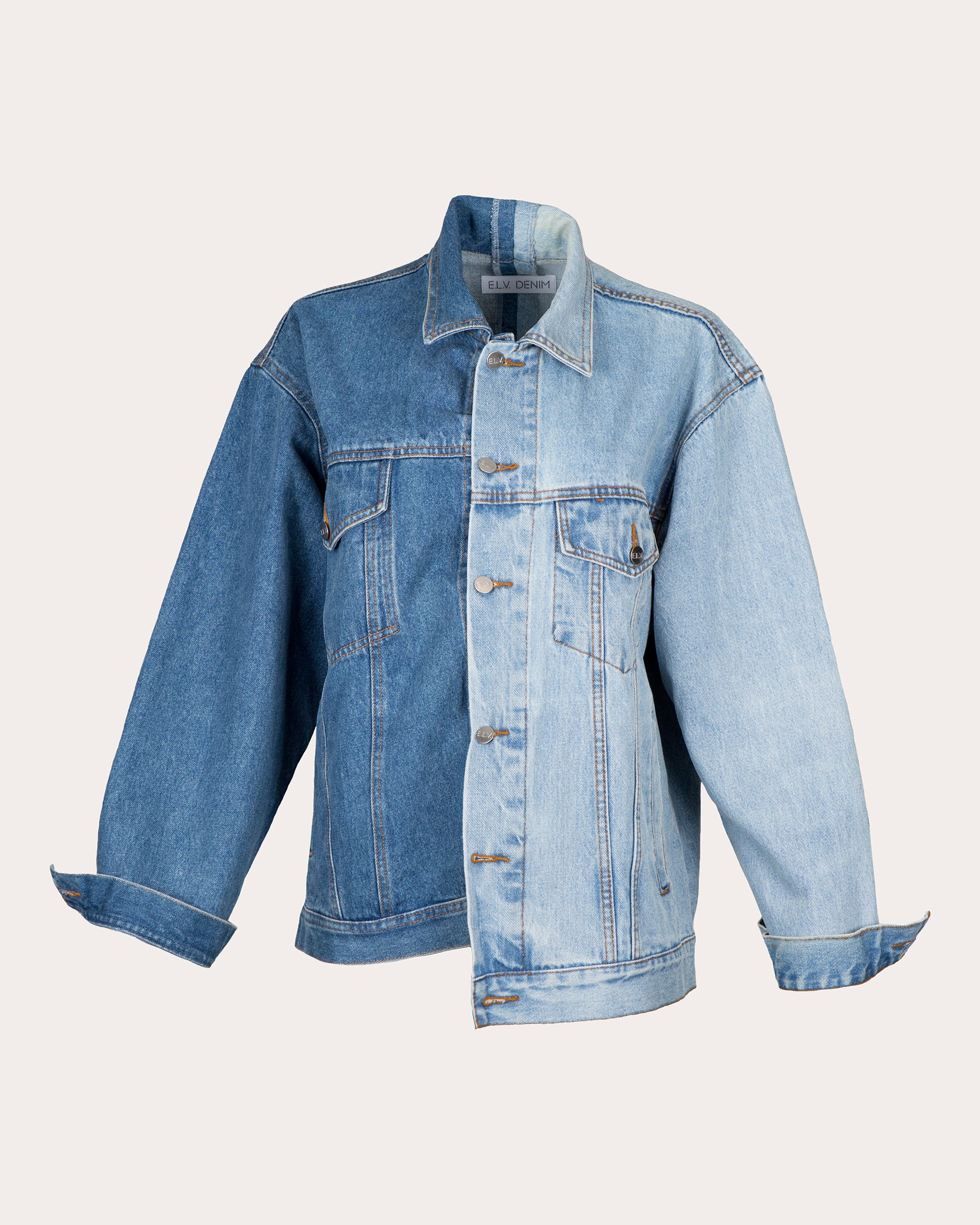 E. L.V. Denim Women's Classic Two-Tone Denim Jacket in Mid/light Blue Cotton/Denim