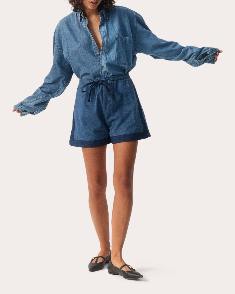 E. L.V. Denim Women's The Match Oversized Denim Shirt in Mid Blue Match Cotton/Denim