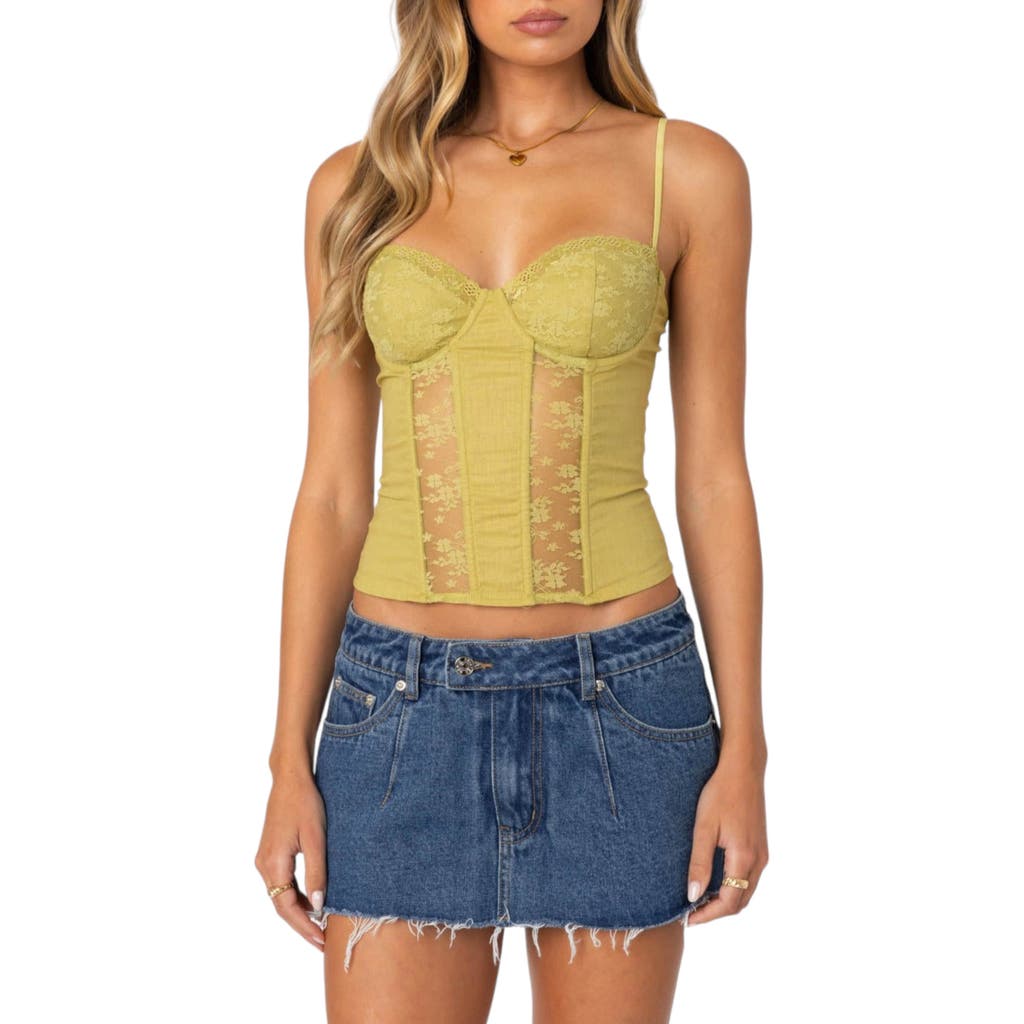 EDIKTED Avena Lace Panel Linen & Cotton Corset Top in Green at Nordstrom, Size X-Small