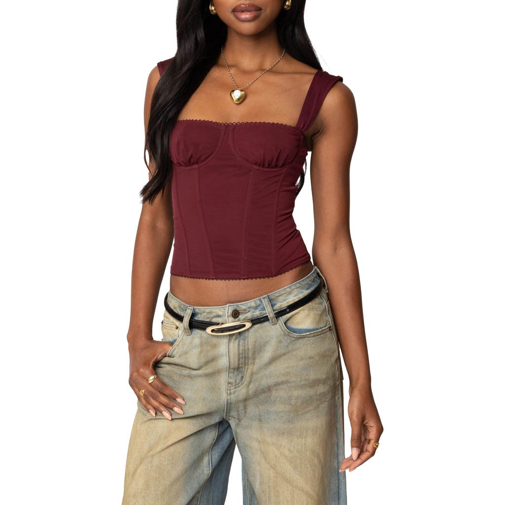 EDIKTED Marcella Mesh Corset Tank Top in Burgundy at Nordstrom, Size X-Small