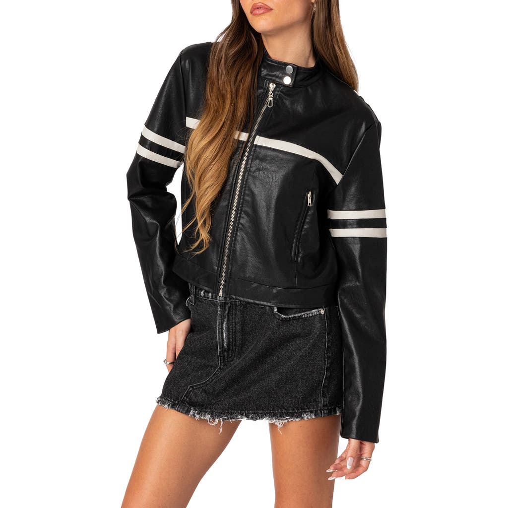 EDIKTED Rockstar Oversize Faux Leather Jacket in Black-And-White at Nordstrom, Size X-Small