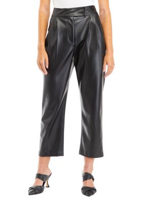 ENGLISH FACTORY Women's Faux Leather Pleated Trouser Pants, Black, Medium