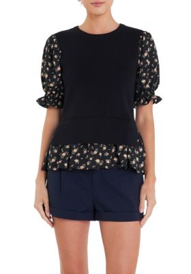 ENGLISH FACTORY Women's Floral Mixed Knit Top, Black, XS