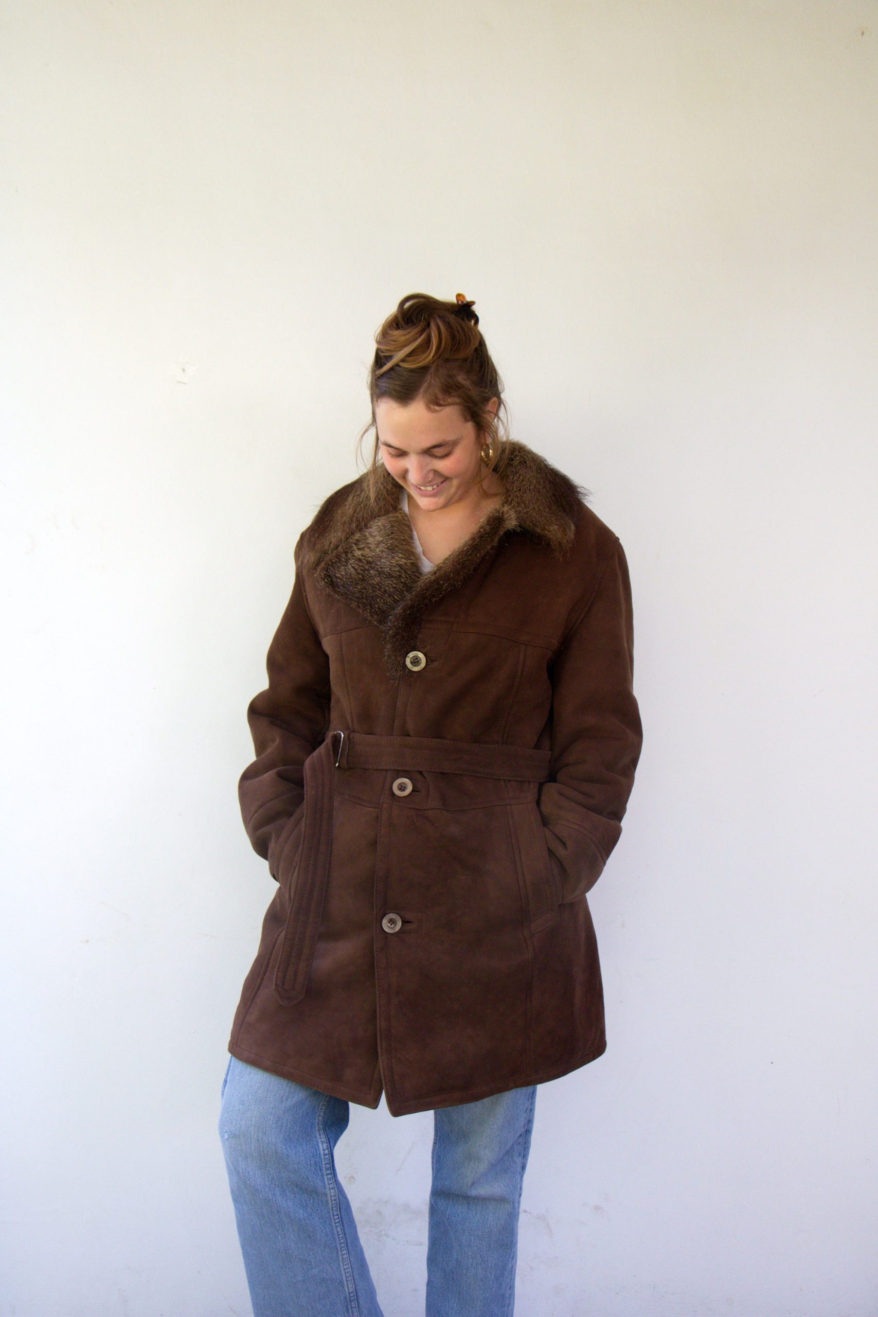 East European Sheepskin Coat, Vintage Brown Suede Boho Hippie Shearling Leather Ovex Winter Overcoat Oversized Unisex 70S 80S // L/xl