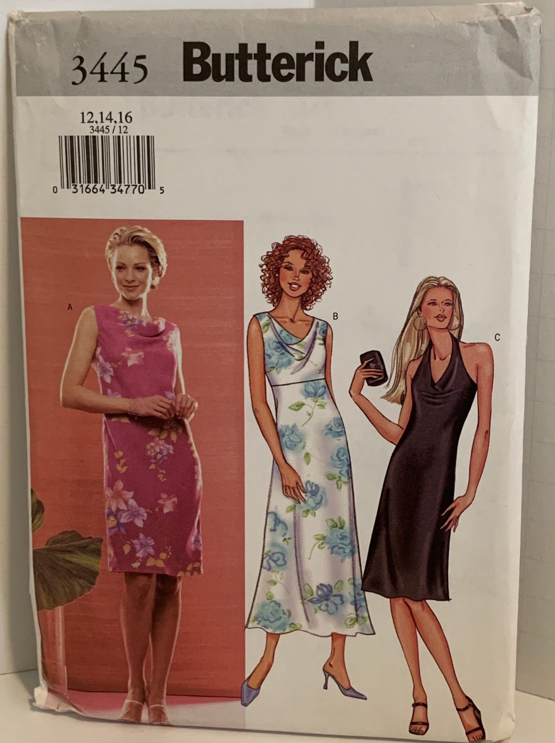 Easy Butterick 3445 Semi-Fitted Dress in 2 Lengths Sewing Pattern Drape Or Halter Neck Simple To Sew Sizes 12-14-16 Bust 34-38 Uncut Oop