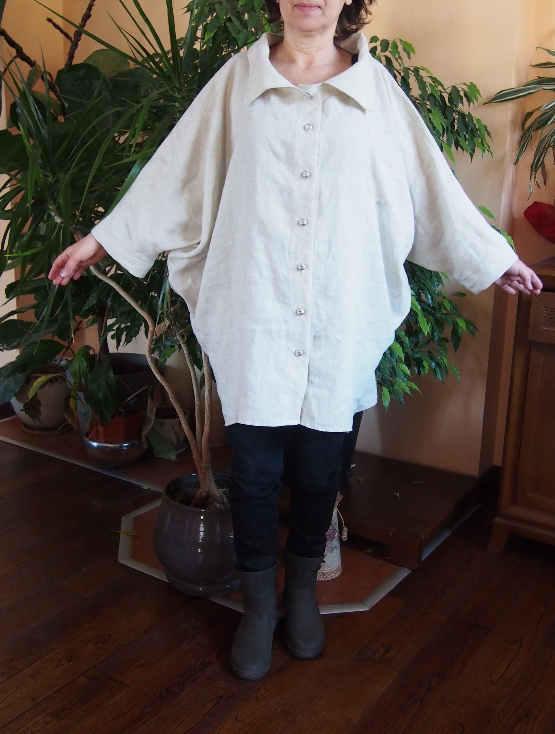 Ecru Linen Shirt With Pleat Maxi Tunic Oversized Top & Nara Riz014