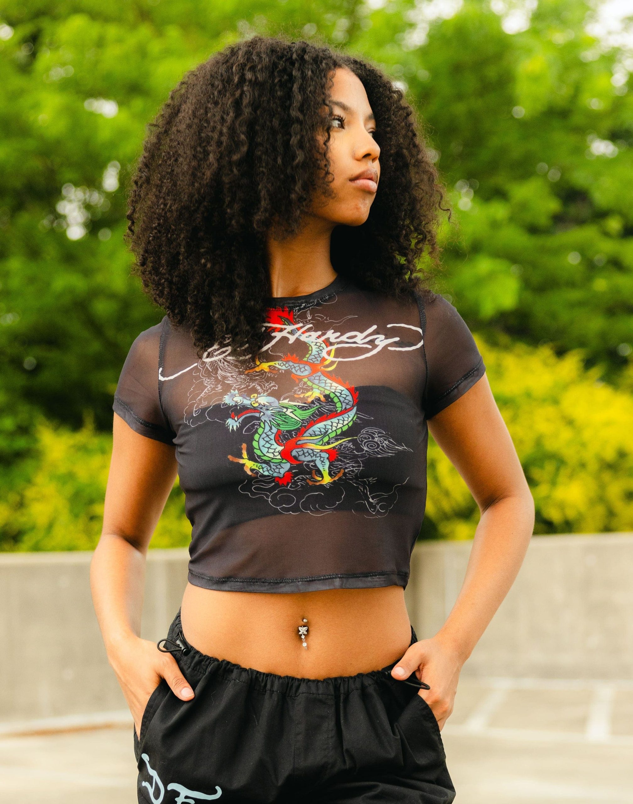 Ed Hardy Dragon Print Mesh Top