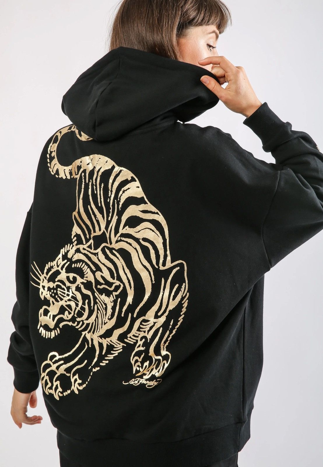 Ed Hardy Tiger Giant Pouch Hoody Oversized Boxy Fit in Black, Women's (Size Small)