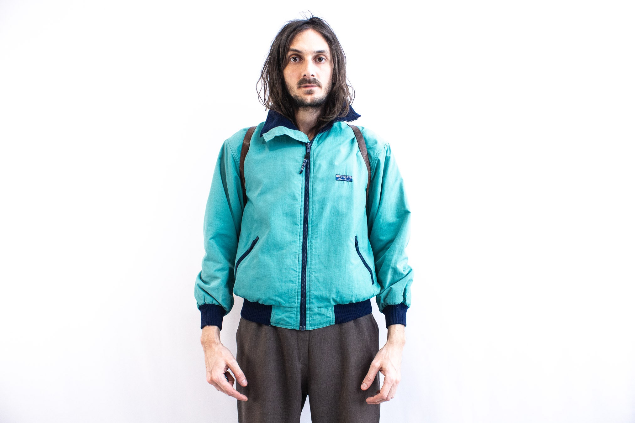 Eddie Bauer Windbreaker Anorak 80S . Turquoise Fleeced Lined Ski Jacket Hiking Nylon Bomber Patagonia Style Pull Over Thermal Spring